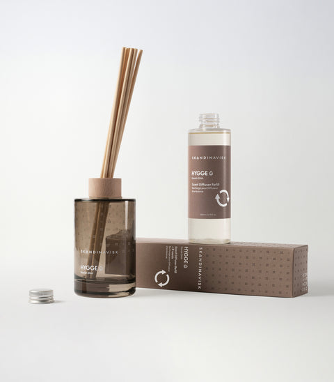 Sustainable & price conscious refill for HYGGE scent diffuser of organic vegan room fragrance with 8 sticks in plastic bottle for the best in Nordic home style from Skandinavisk