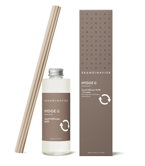 Sustainable & price conscious refill for HYGGE scent diffuser of organic vegan room fragrance with 8 sticks in plastic bottle for the best in Nordic home style from Skandinavisk