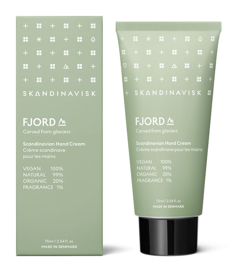 FJORD; scents of orchard fruits and leaves from Skandinavisk, organic, natural & vegan hand cream in tubes of sugarcane plastic for best sustainability values with gentle fragrances that reflect the nature and landscape of Scandinavia.