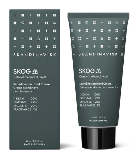 SKOG; scents of the forests, from Skandinavisk, organic, natural & vegan hand cream in tubes of sugarcane plastic for best sustainability values with gentle fragrances that reflect the nature and landscape of Scandinavia.