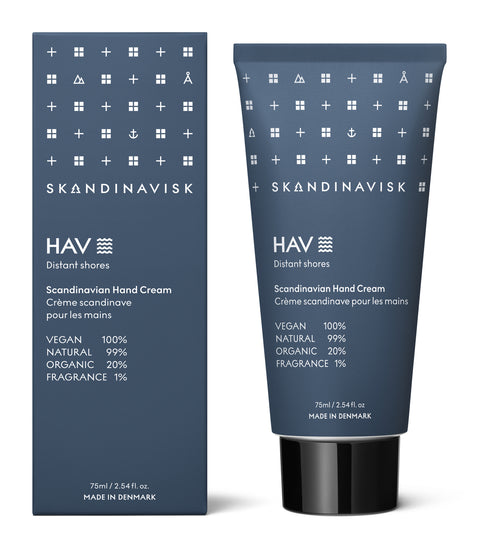 HAV, scents of the sea breeze, from Skandinavisk, organic, natural & vegan hand cream in tubes of sugarcane plastic for best sustainability values with gentle fragrances that reflect the nature and landscape of Scandinavia.