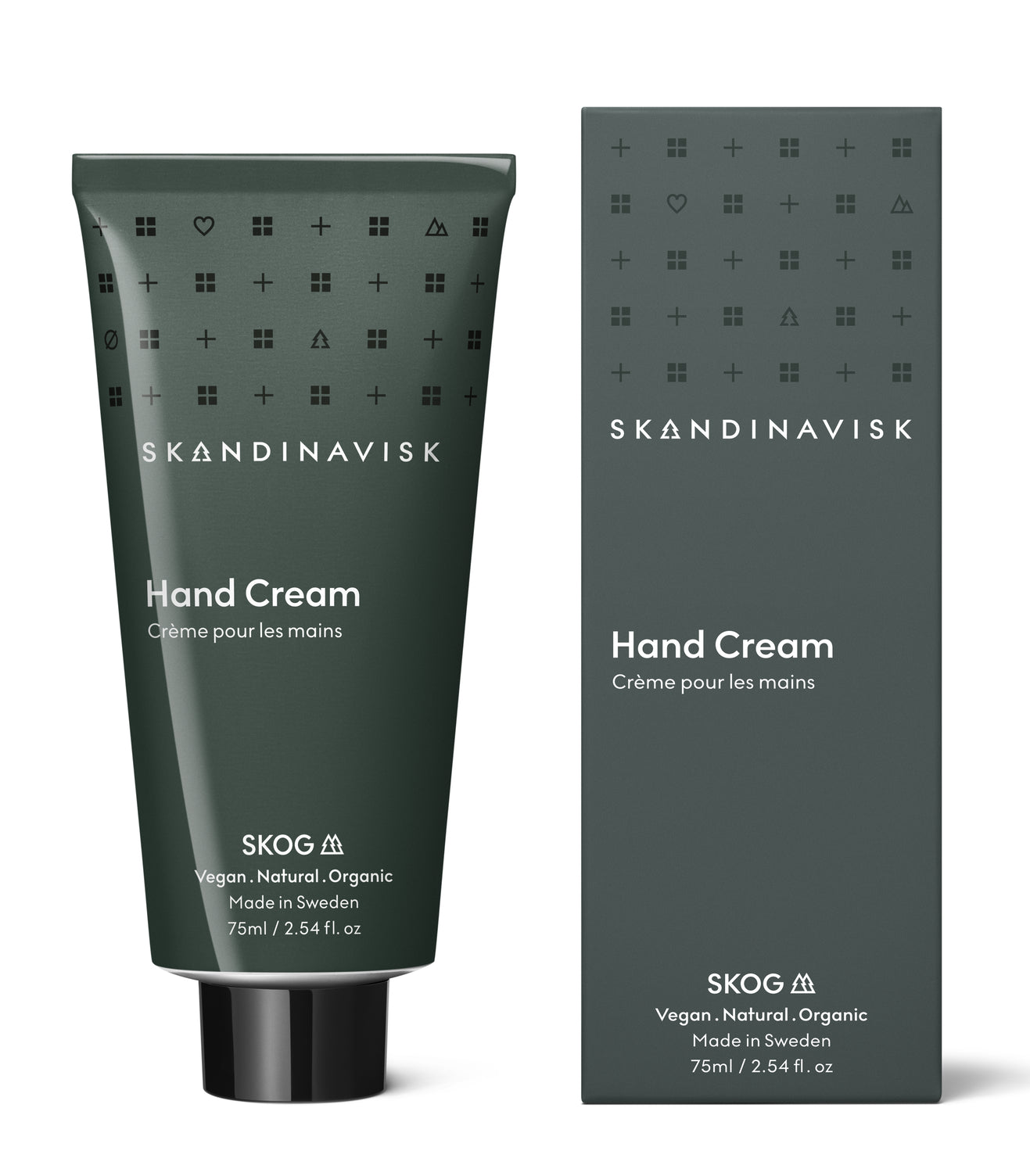 SKOG; scents of the forests, from Skandinavisk, organic, natural & vegan 75ml hand cream in tubes of post consumer waste metal for best sustainability values.