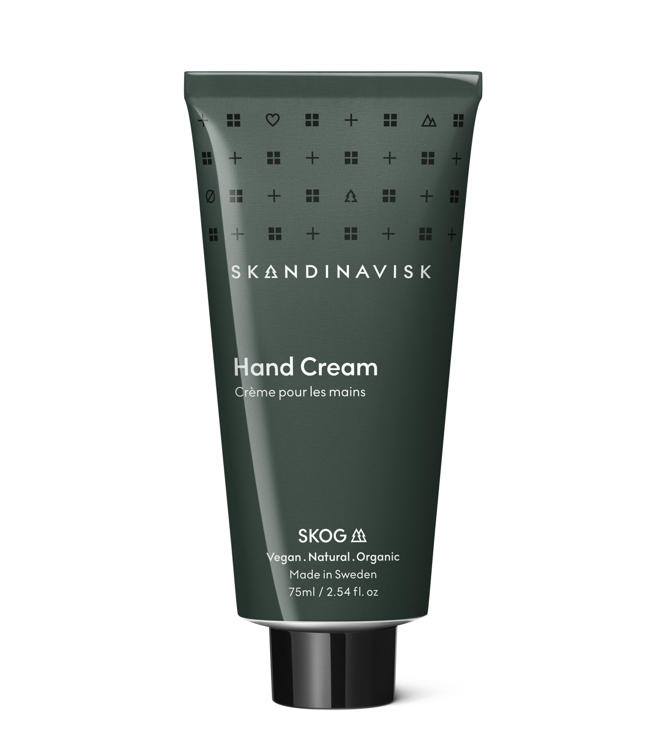 SKOG; scents of the forests, from Skandinavisk, organic, natural & vegan 75ml hand cream in tubes of post consumer waste metal for best sustainability values.