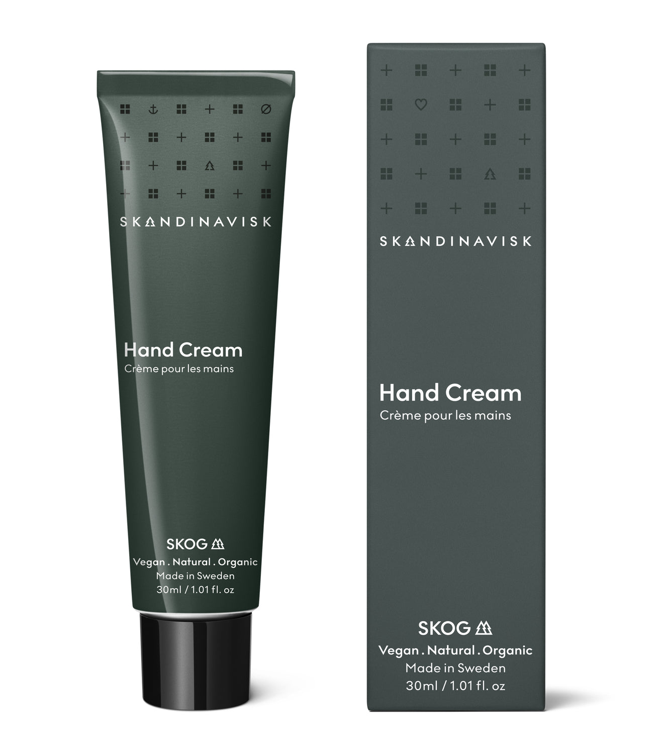 SKOG; scents of the forests, from Skandinavisk, organic, natural & vegan 30ml hand cream in tubes of post consumer waste metal for best sustainability values.