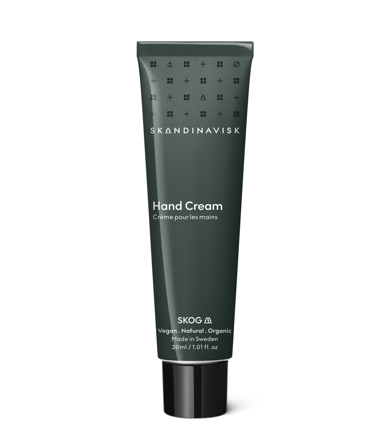 SKOG; scents of the forests, from Skandinavisk, organic, natural & vegan 30ml hand cream in tubes of post consumer waste metal for best sustainability values.