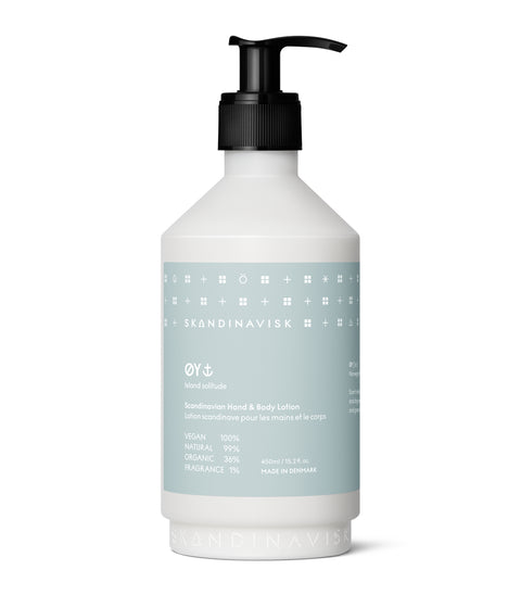 ØY, scents of the lakes and archipelago, from Skandinavisk, organic, natural & vegan hand & body lotion in pump dispenser of sugarcane plastic for best sustainability values with gentle fragrances that reflect the nature and landscape of Scandinavia.