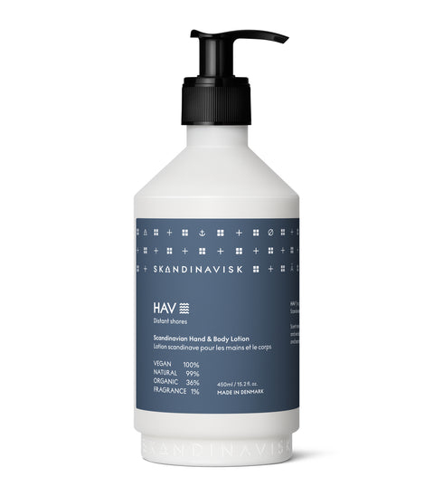 HAV, scents of the sea breeze, from Skandinavisk,  organic, natural & vegan hand & body lotion in pump dispenser of  sugarcane plastic for best sustainability values with gentle fragrances that reflect the nature and landscape of Scandinavia.