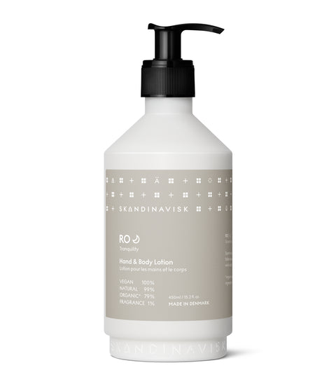 RO, mean calm & tranquil, from Skandinavisk, organic, natural & vegan hand & body lotion in pump dispenser of sugarcane plastic for best sustainability values with gentle fragrances that reflect the nature and landscape of Scandinavia.
