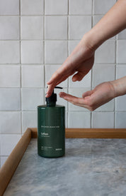 SKOG, scents of the forest, from Skandinavisk, organic, natural & vegan hand & body lotion in pump dispenser of sugarcane plastic for best sustainability values with gentle fragrances that reflect the nature and landscape of Scandinavia.