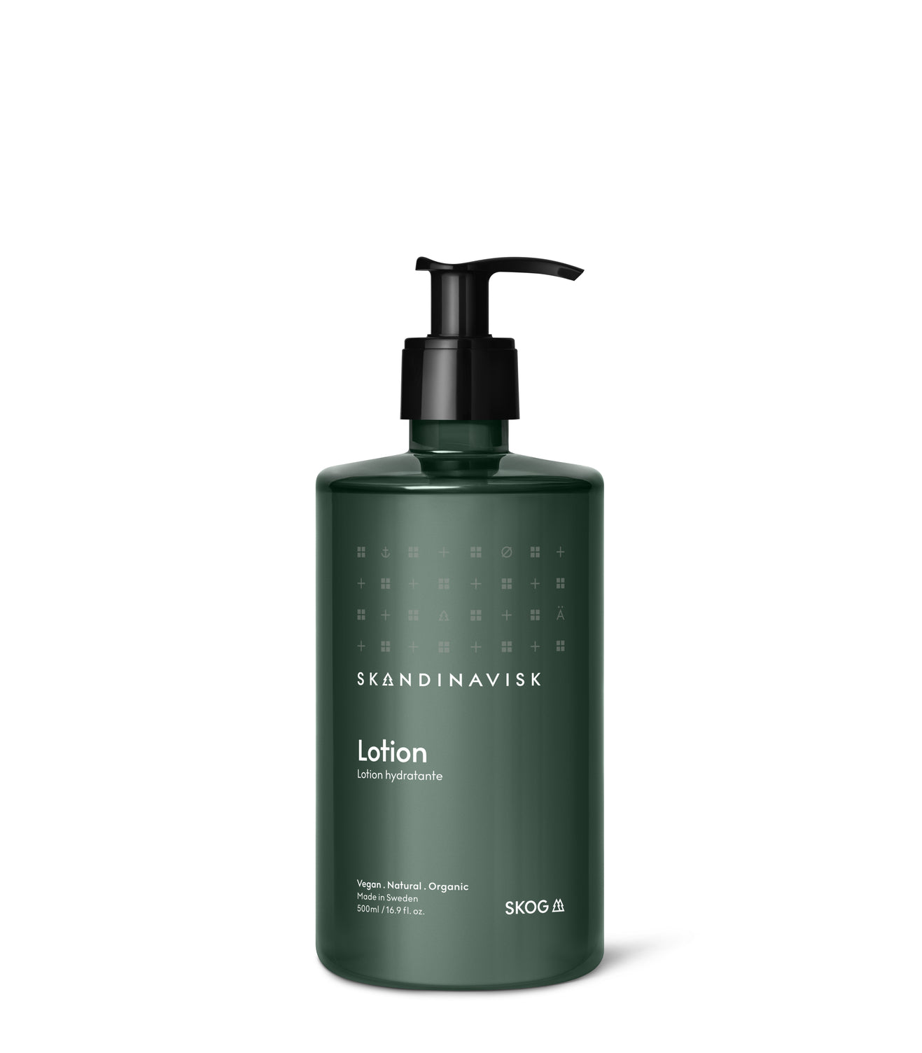 SKOG, scents of the forest, from Skandinavisk, organic, natural & vegan hand & body lotion in pump dispenser of sugarcane plastic for best sustainability values with gentle fragrances that reflect the nature and landscape of Scandinavia.