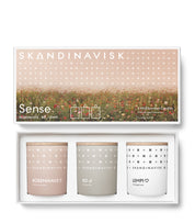 Organic vegan scented 3-candle gift set in soft toned glass jars with wooden lid for Nordic home style from Skandinavisk