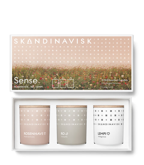 Organic vegan scented 3-candle gift set in soft toned glass jars with wooden lid for Nordic home style from Skandinavisk