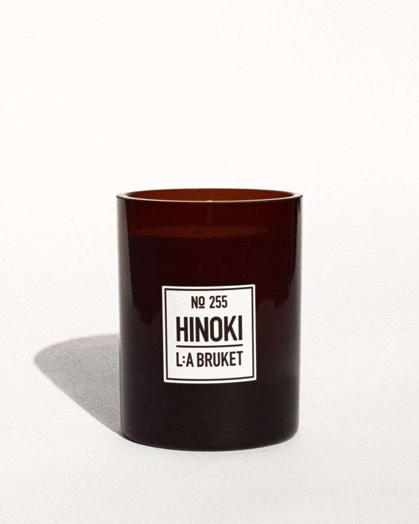 All natural, organic and vegan candle in amber glass with the green cypress scent of Hinoki from the best of Sweden's coastal home fragrance brand, L:A Bruket