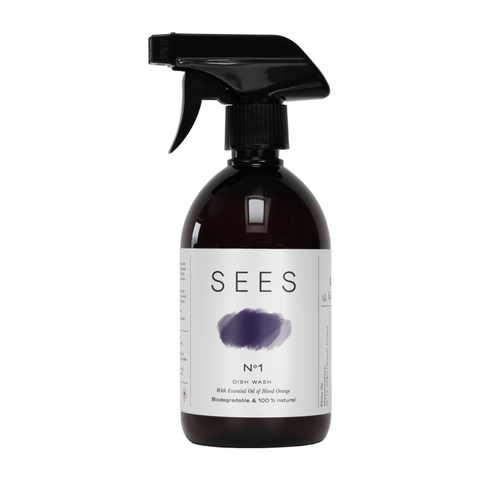 Sustainable and biodegradeable dish soap in a brown spray bottle, for the natural home, from Finland's natural beauty company SEES