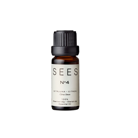 Pure lemon essential oil for diffusers, massage or sauna in the natural home, presented in a brown glass bottle for a quality wellbeing gift from Finland's natural lifestyle company SEES