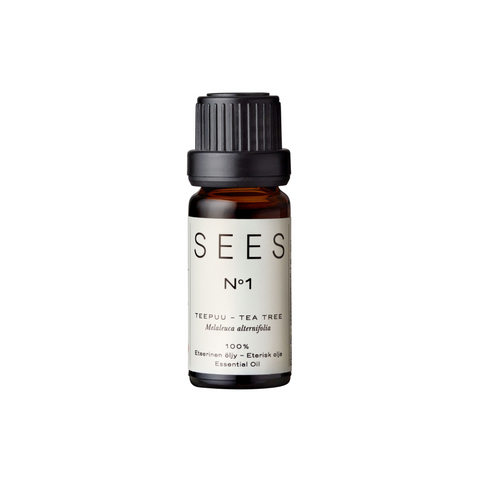 Tea tree essential oil for diffusers, massage or sauna in the natural home, presented in a brown glass bottle for a quality wellbeing gift from Finland's natural lifestyle company SEES