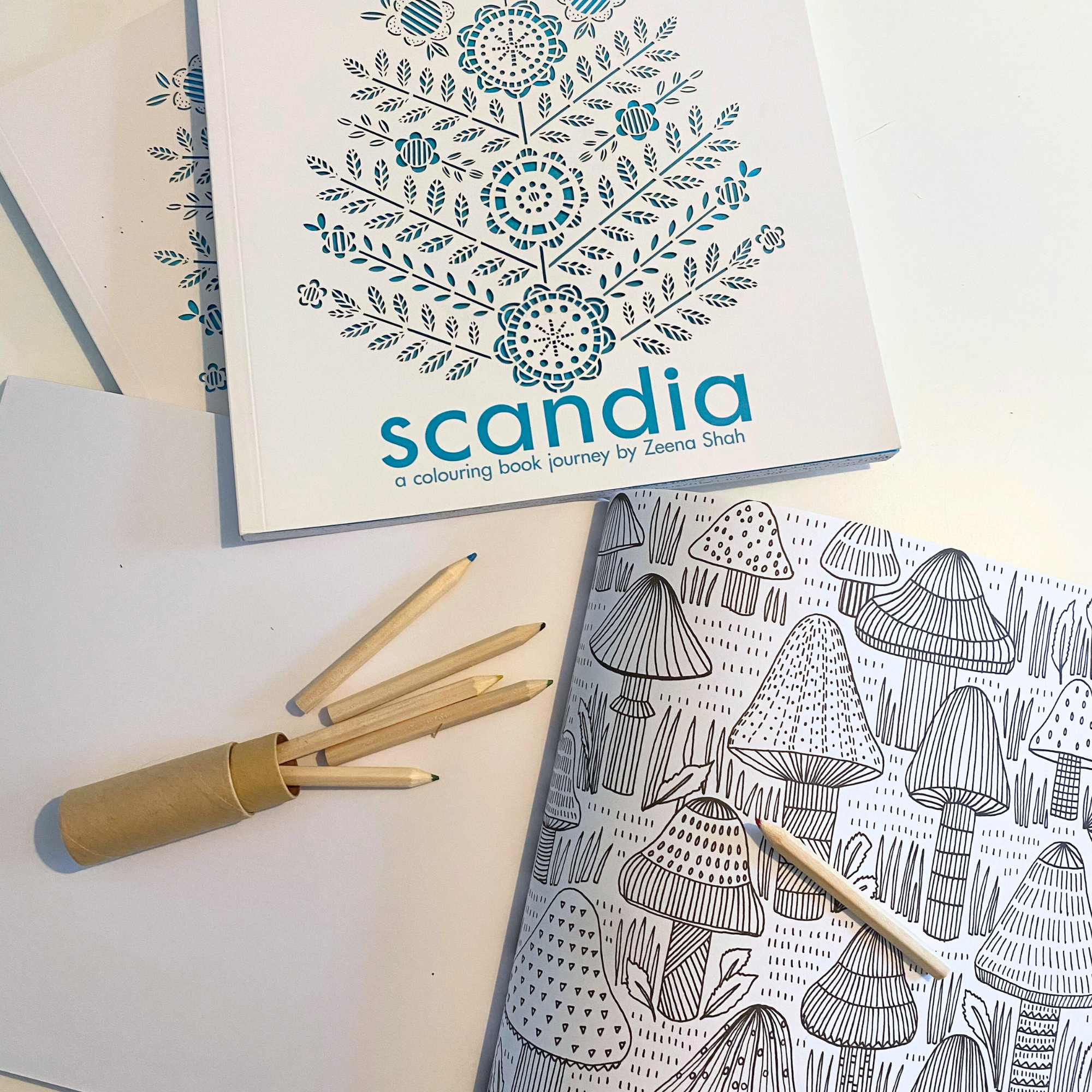 Mindfulness colouring book for all ages with images of the Swedish folk style, responsibly printed on natural paper of the highest quality, from printmaker and TV presenter Zeena Shah.