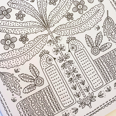 Mindfulness colouring book for all ages with images of the Swedish folk style, responsibly printed on natural paper of the highest quality, from printmaker and TV presenter Zeena Shah.