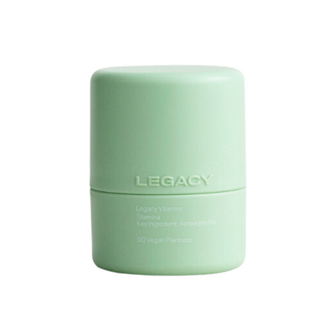 Attractive light green tub of Legacy Vitamins Stamina with adaptogens & nootropics for overall general health & wellbeing especially for sports people.
