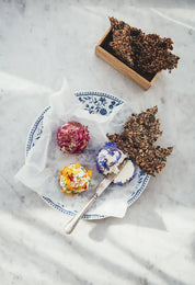 Hardcover book Flowers on a Plate combining floral baking & nature with beautiful photography of Finnish life, by Cozy Publishing.