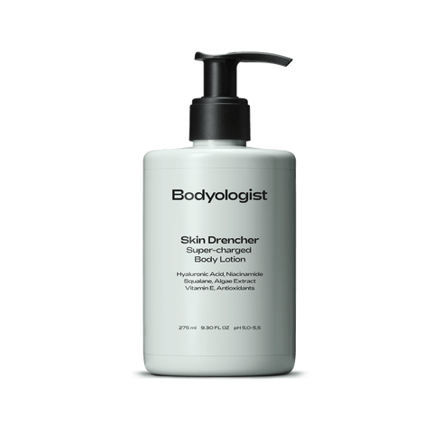 Bodyologist Skin Drencher in it's pale green bottle with signature B logo, a nourishing & vitamin-enriched body lotion for the best skincare for the body