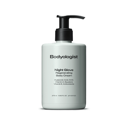 Bodyologist Night Glove in it's pale green bottle with signature B logo, a nourishing & vitamin-enriched body cream for the best skincare for the body