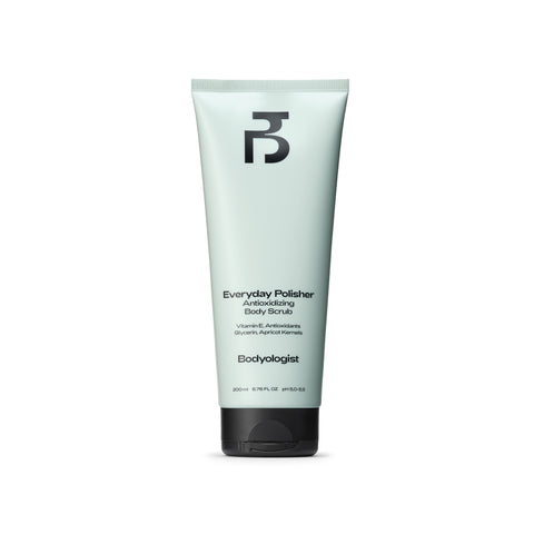 Bodyologist Everyday Polisher in a pale green soft touch tube with signature B logo, is an apricot kernel based body scrub, vitamin rich skincare for the body