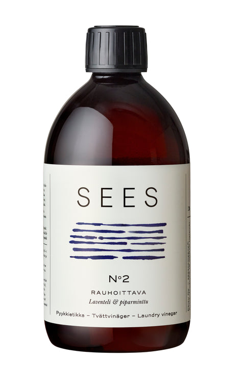 Sustainable and biodegradeable laundry vinegar for softened, effective naturally-scented laundry, in brown recyclable bottle from Finland's natural lifestyle company SEES