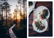 Hardcover book celebrating the lifestyle of eating and living out in nature, from camping , hiking to family picnics with beautiful photography of Finnish life in Food in the Woods by Cozy Publishing.