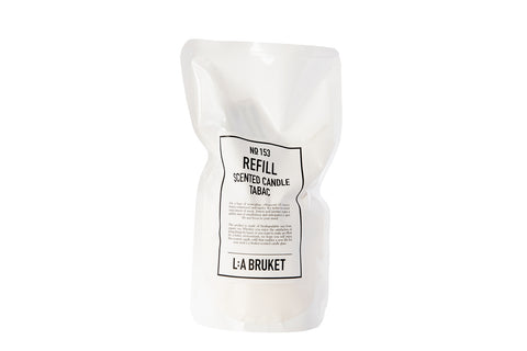 All natural, organic and vegan candle in sustainable refill pouch with the green woody scent Tabac, from the best of Sweden's coastal home fragrance brand, L:A Bruket