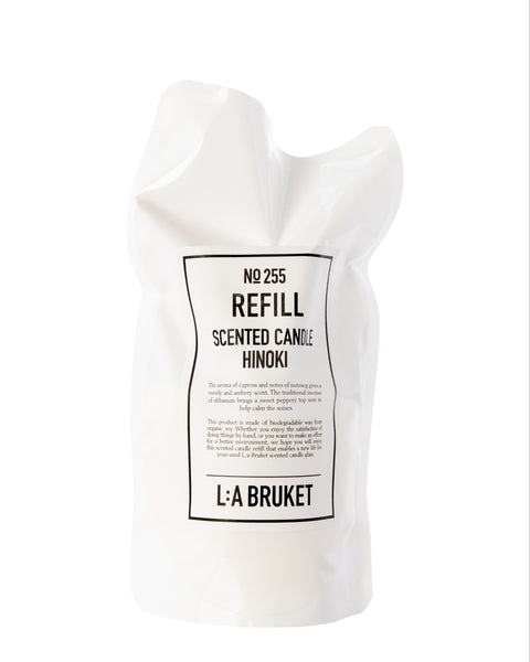 All natural, organic and vegan candle in sustainable refill pouch with the green cypress  scent Hinoki, from the best of Sweden's coastal home fragrance brand, L:A Bruket
