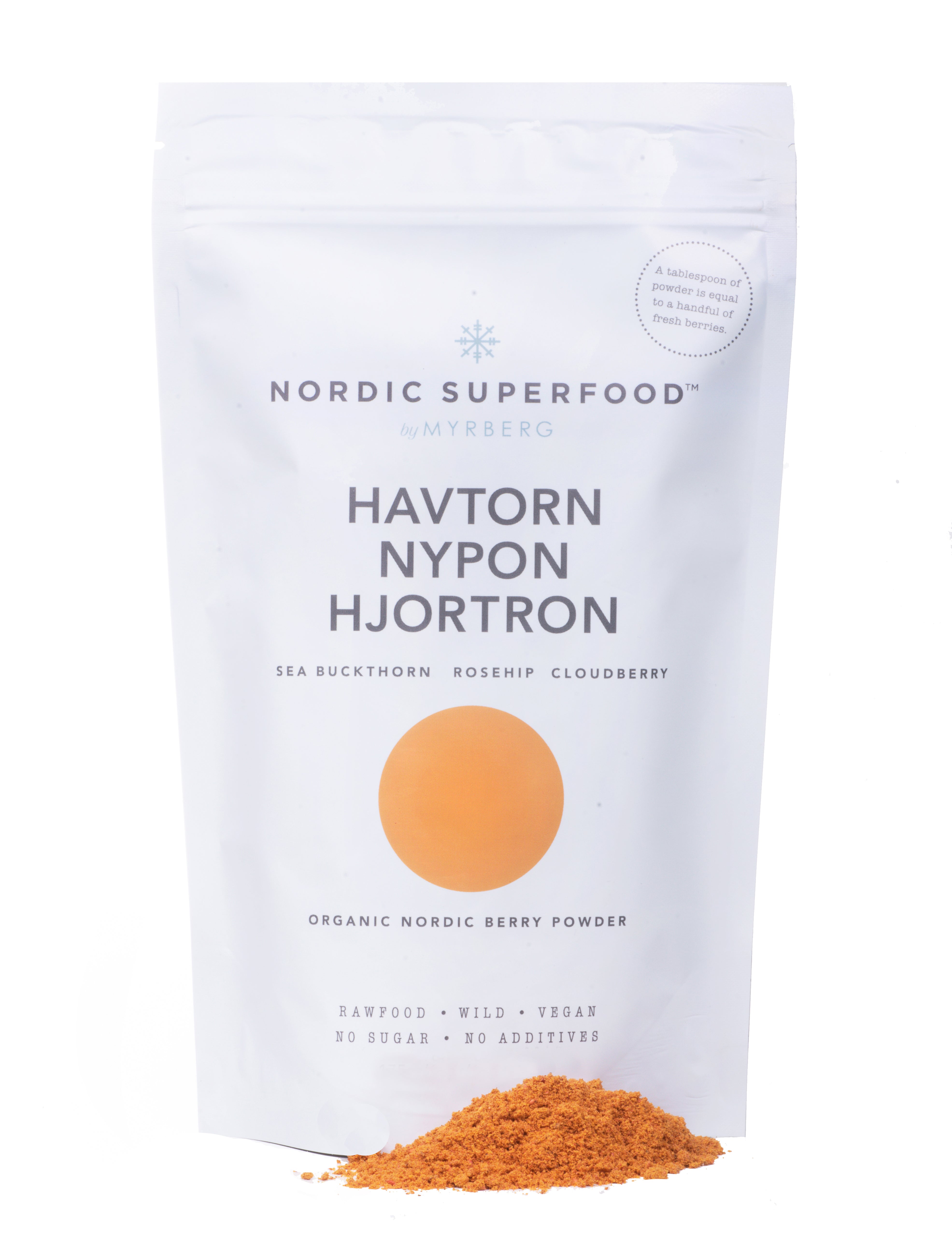 Large white pouch of powdered blend of 100% all natural, handpicked organic wild superfoods from the Nordic nature, with blend of yellow fruits -  sea buckthorn, rosehips, cloudberries