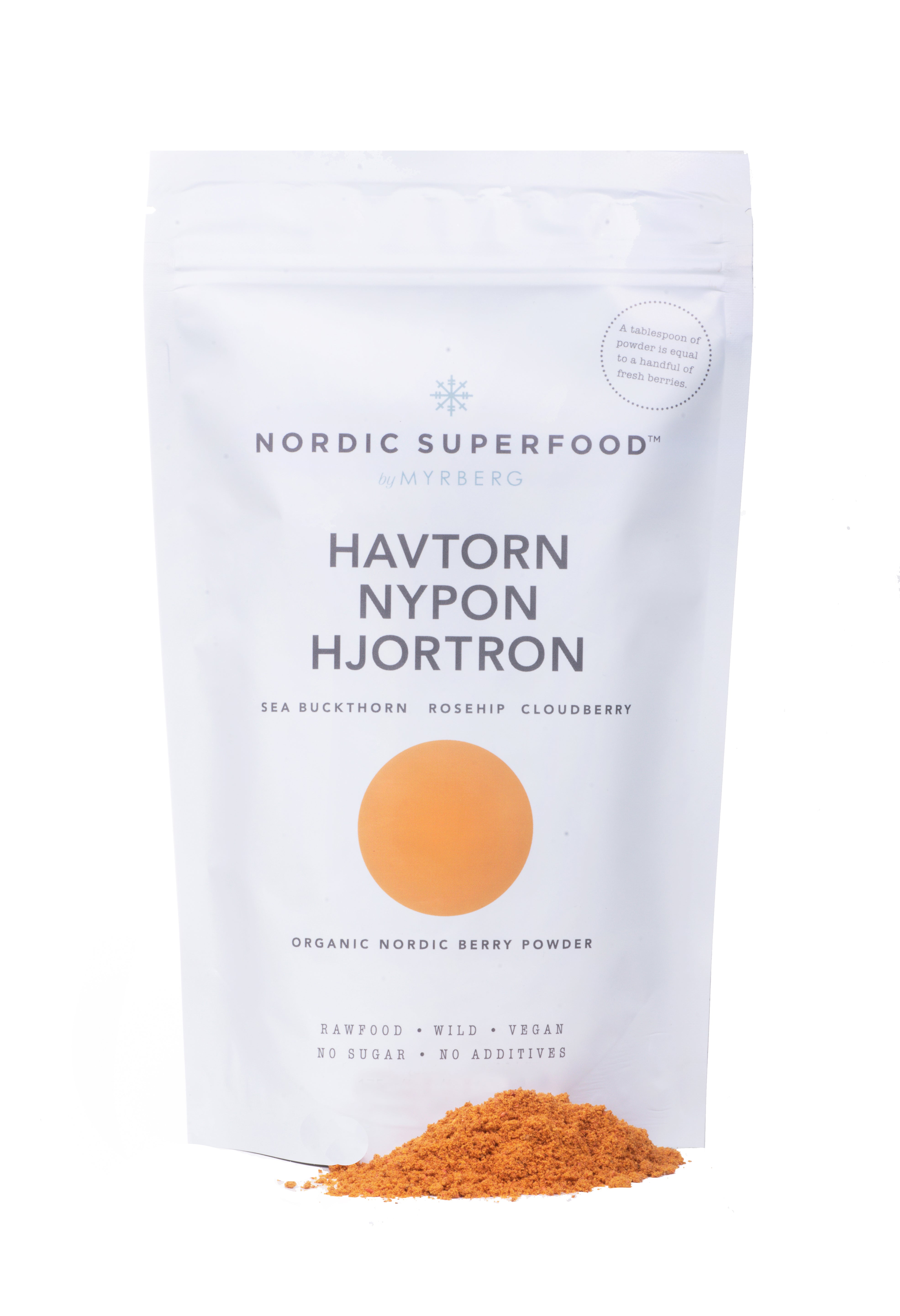 Large white pouch of powdered blend of 100% all natural, handpicked organic wild superfoods from the Nordic nature, with blend of yellow fruits -  sea buckthorn, rosehips, cloudberries