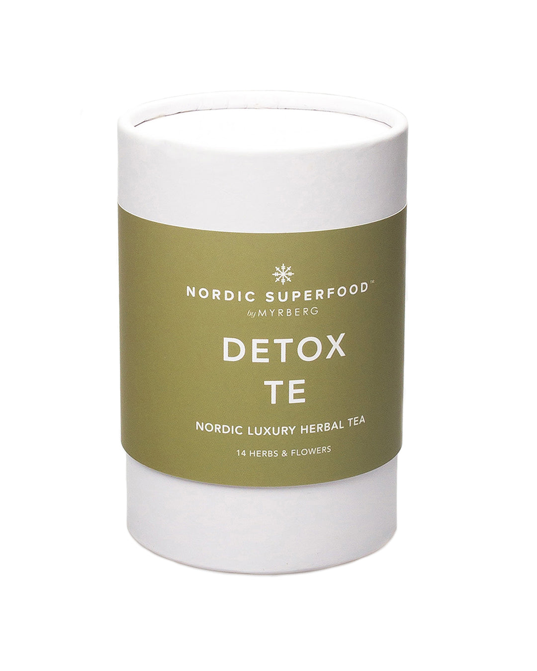 Nordic Superfoods luxury white gift tube of herbal Detox tea blend with 100% all natural, organic superfoods, herbs and flowers from the Nordic nature .