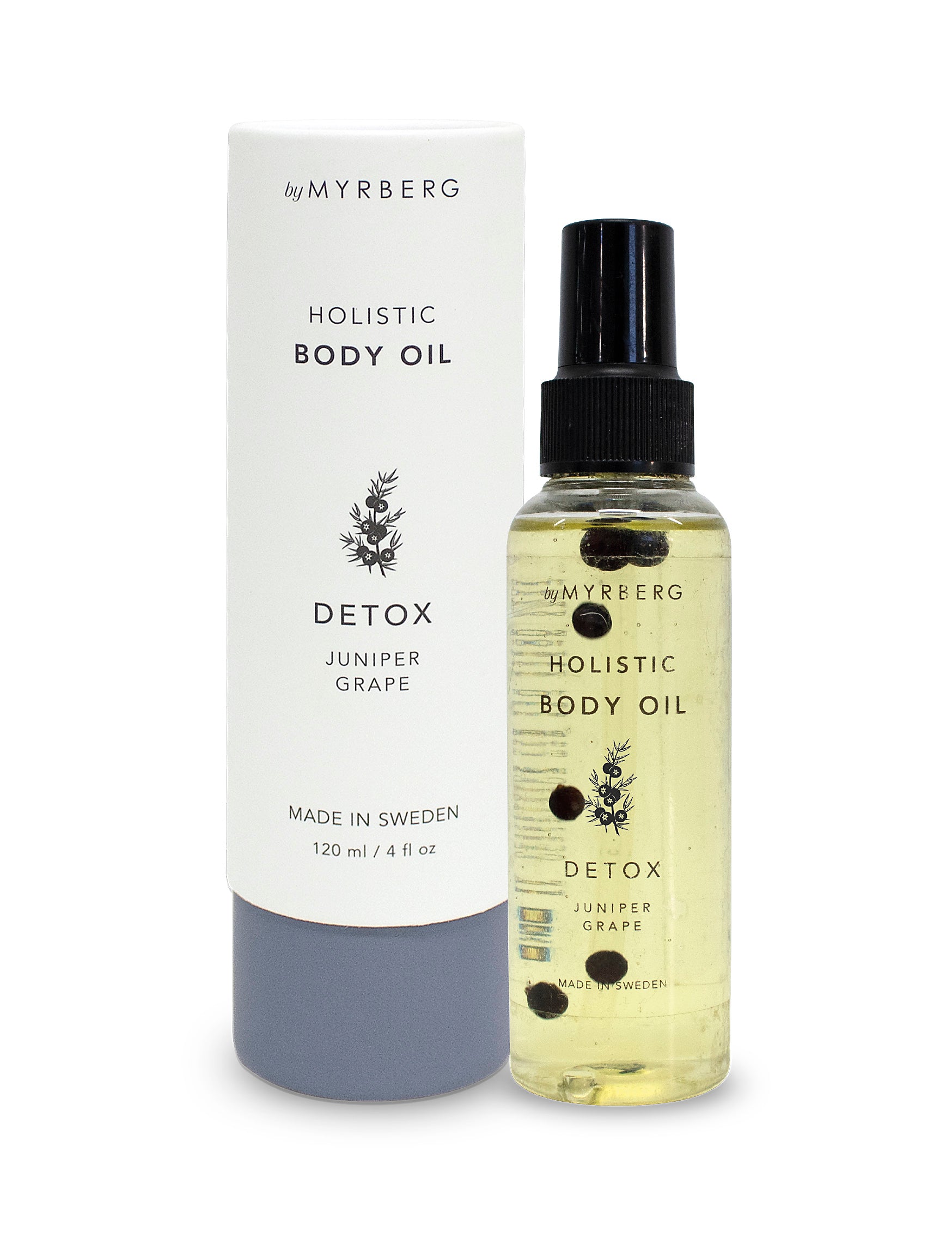 Luxury, natural body oil for massage, cupping or to nourish the skin with essential oils of juniper and grape, containing dried juniper berries to bring nature into your own home spa. By Myrberg