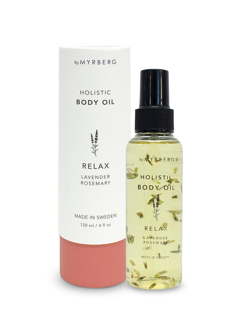 Luxury, natural body oil for massage, cupping or to nourish the skin with essential oils of juniper and grape, containing dried lavender & rosemary flowers to bring nature into your own home spa. By Myrberg