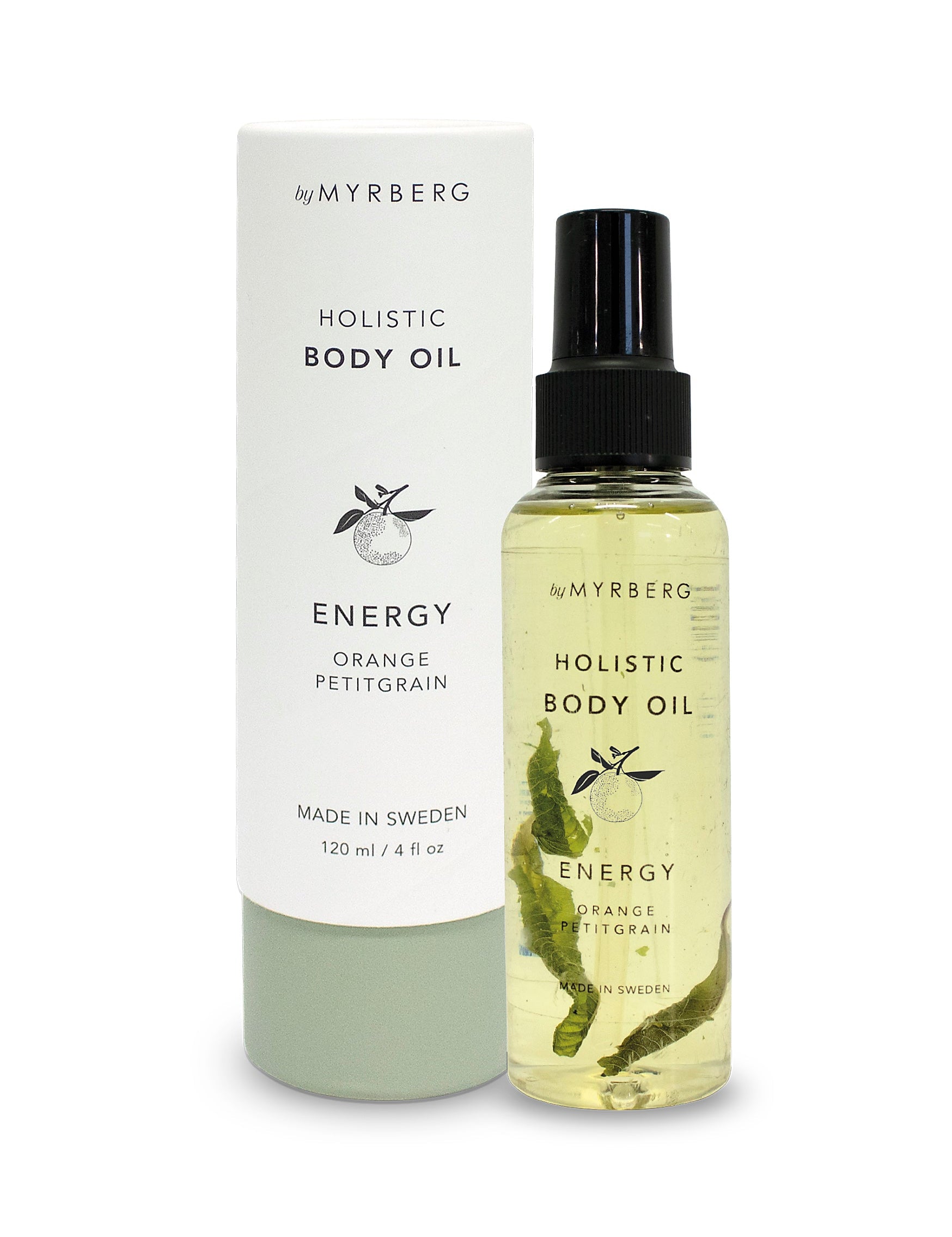 Luxury, natural body oil for massage, cupping or to nourish the skin with essential oils of juniper and grape, containing dried  petitgrain leaves to bring nature into your own home spa. By Myrberg