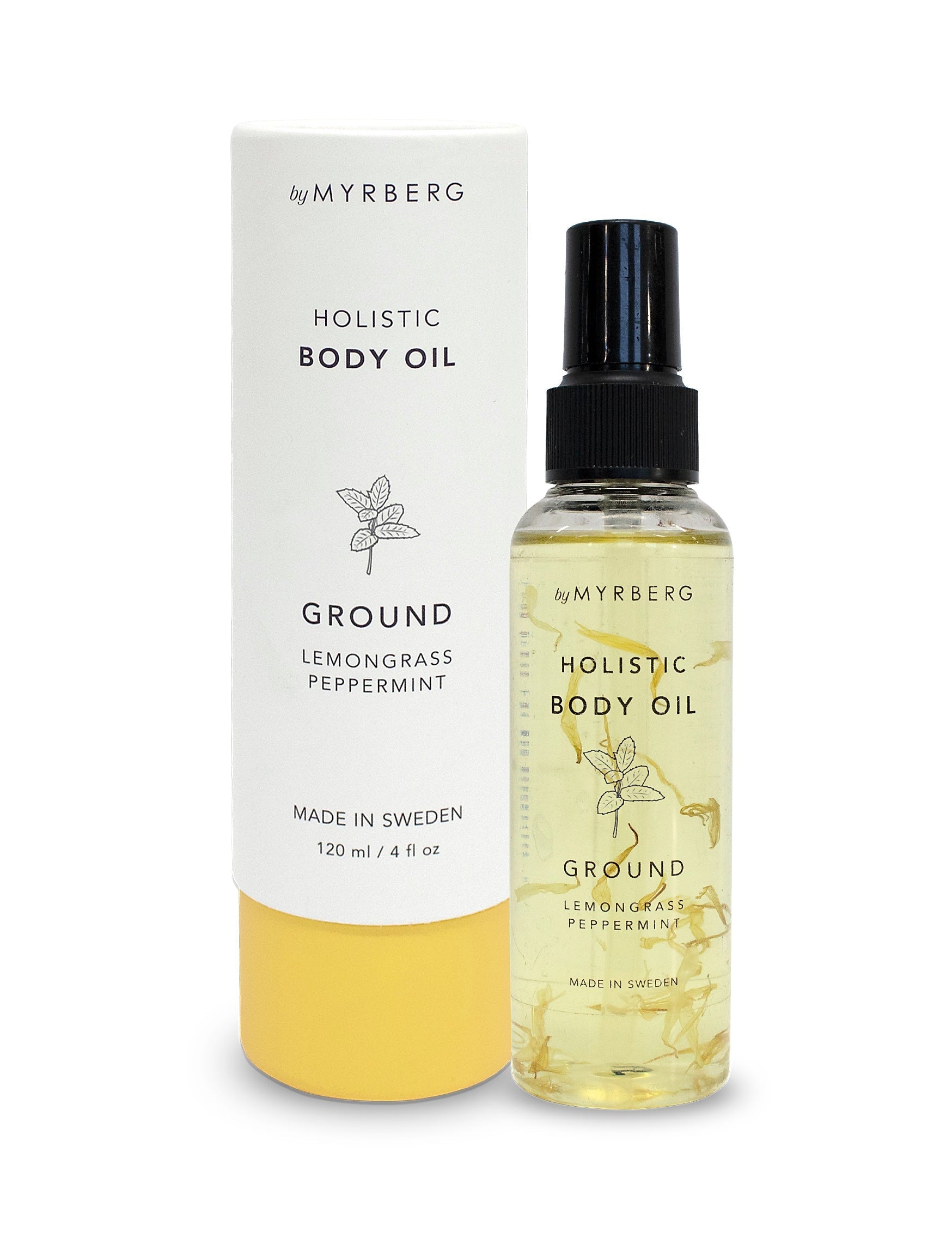 Luxury, natural body oil for massage, cupping or to nourish the skin with essential oils of juniper and grape, containing dried lemongrass stems to bring nature into your own home spa. By Myrberg