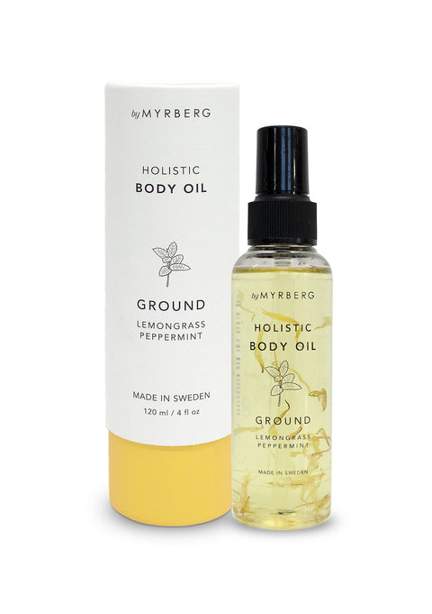 Luxury, natural body oil for massage, cupping or to nourish the skin with essential oils of juniper and grape, containing dried lemongrass stems to bring nature into your own home spa. By Myrberg