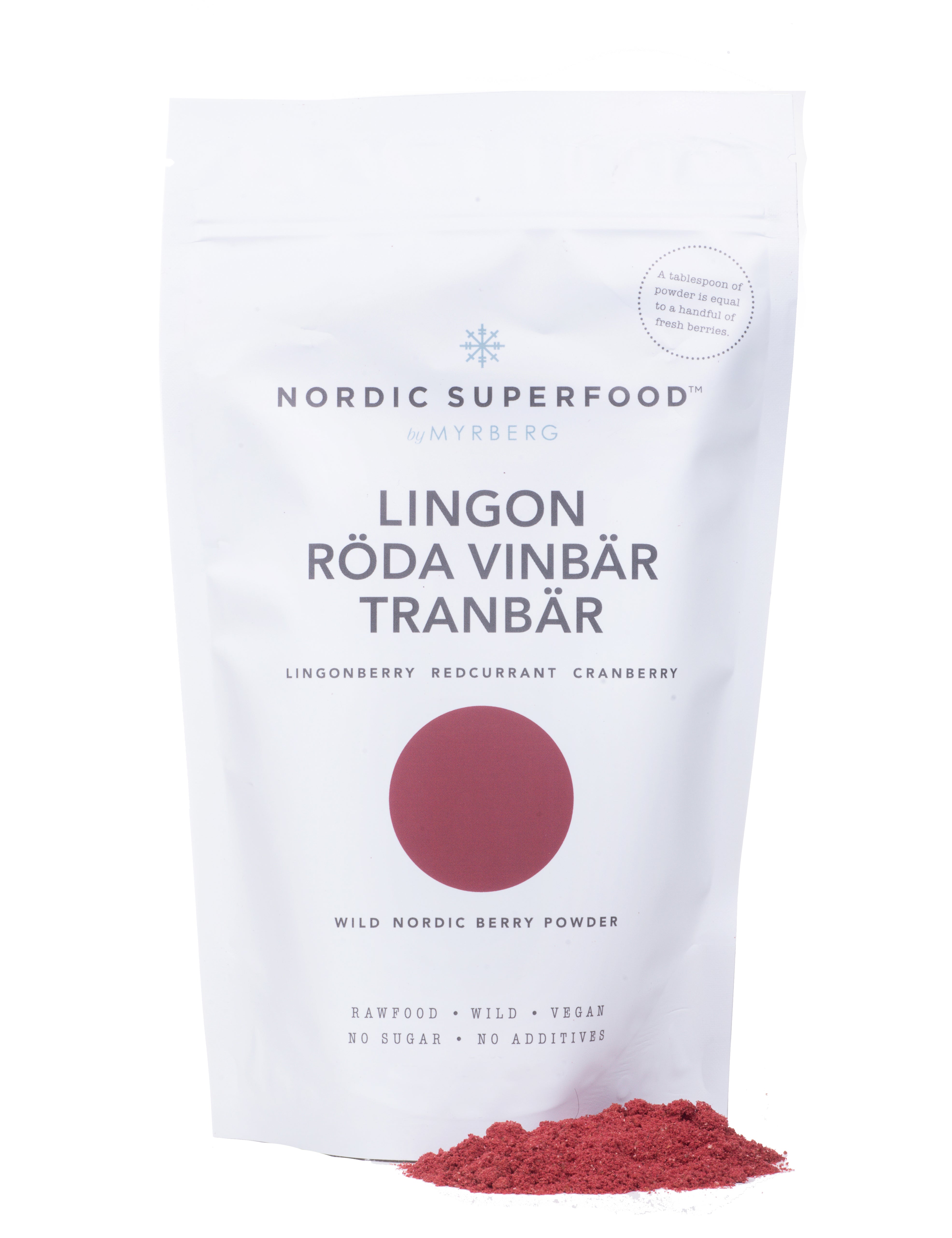 Large white pouch of powdered blend of 100% all natural, handpicked organic wild superfoods from the Nordic nature, with blend of red fruits - lingonberry, redcurrant and cranberry.