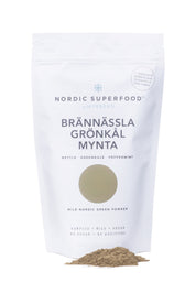 Large white pouch of powdered blend of 100% all natural, handpicked organic wild superfoods from the Nordic nature, with blend of green fruits - nettle, green kale and mint.