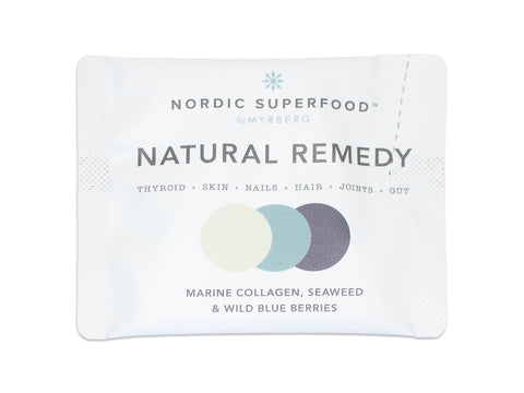 Daily superfood sachet of marine collagen, natural berry powder and algae to give a balcned daily dose of Nordic superfoods to improve skin, hair, joints, gut and thyroid. From Nordic Superfoods.