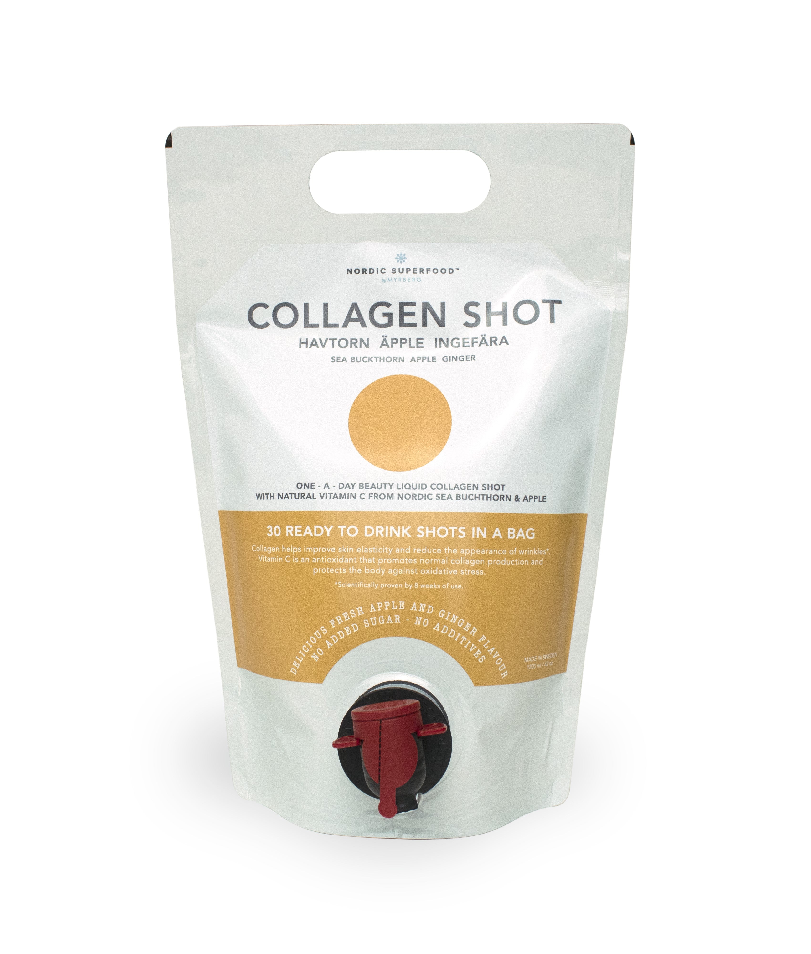 Health in a bag! A large pouch with dosing tap to provide a daily shot of clean marine collagen, vitamin rich sea buckthorn, and fresh pressed ginger &amp; Swedish apple juice. From Nordic Suprfoods.