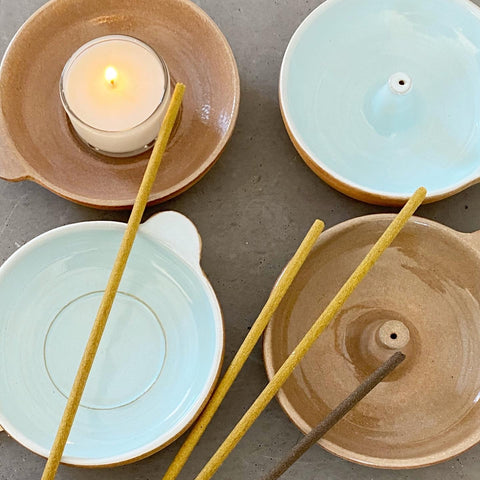 Unique, handmade exclusively for Bare Nordic Beauty, Skåne Ljus created a ceramic incense holder for incense sticks in local clay, glazed gloss light blue or beige on the inside with the outer left natural . with hand tag ash collector