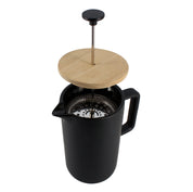 Stylish black ceramic French press with natural wooden lid,  for simple coffee brewing. Easy to clean and looks great on the table, making an ideal gift for the coffee lover, from Ogo Living