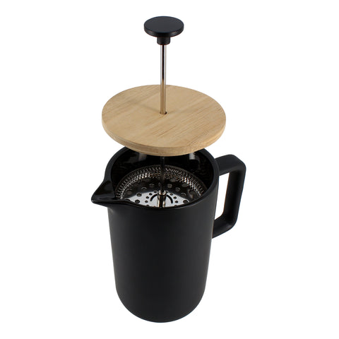 Stylish black ceramic French press with natural wooden lid,  for simple coffee brewing. Easy to clean and looks great on the table, making an ideal gift for the coffee lover, from Ogo Living