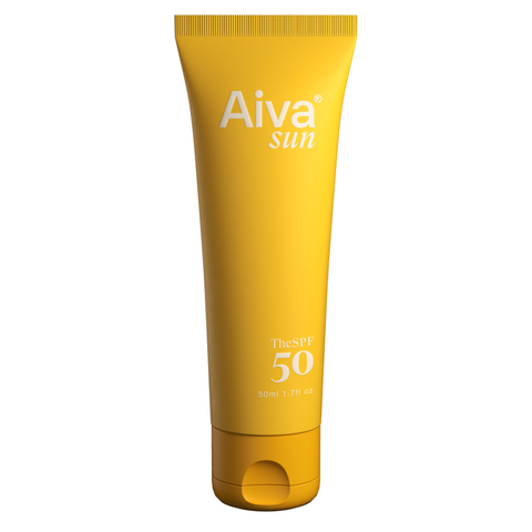 Aiva  Organics yellow tube of natural suncream SPF50  with carefully blended organic Nordic plant extracts