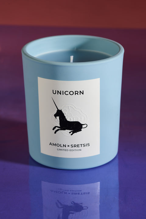 A collaboration with Amoln and Srestis design house creates a limited edition blue candle in the same sky blue ceramic jar, with a scent capturing the magic and mystery of the unicorn.