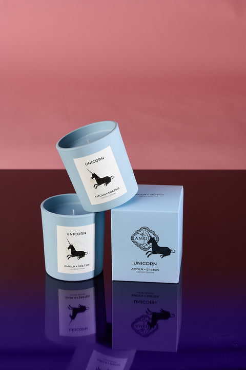 A collaboration with Amoln and Srestis design house creates a limited edition blue candle in the same sky blue ceramic jar, with a scent capturing the magic and mystery of the unicorn.
