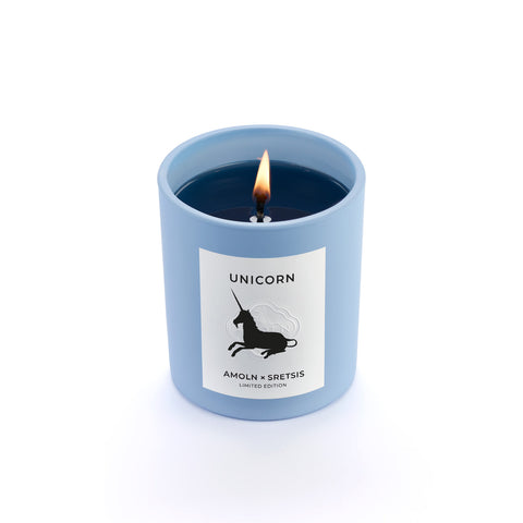 A collaboration with Amoln and Srestis design house creates a limited edition blue wax candle in the same sky blue ceramic jar, with a scent capturing the magic and mystery of the unicorn.
